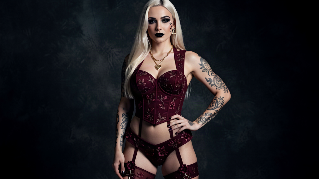 Burgundy floral embroidered 3-piece set with structured top, garter belt and matching bottoms