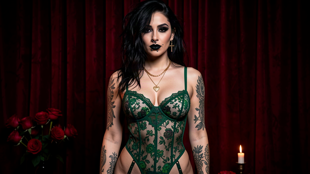 Green semi-sheer floral lace bodysuit with garter straps