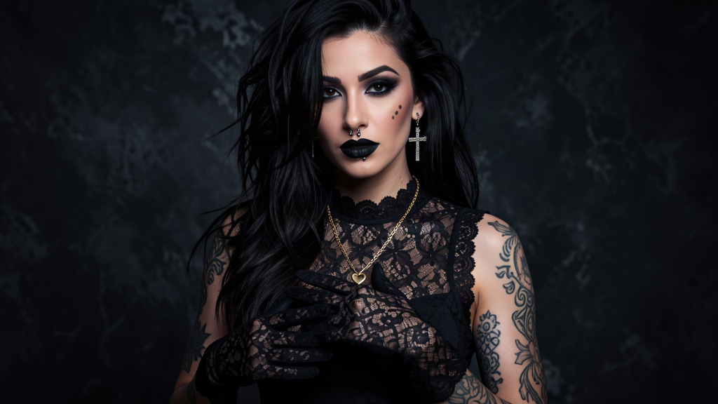 Black lace elbow gloves with scalloped edges