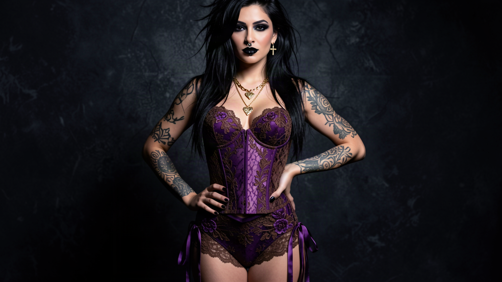 Purple and brown lace set with floral embroidery and ribbon side ties