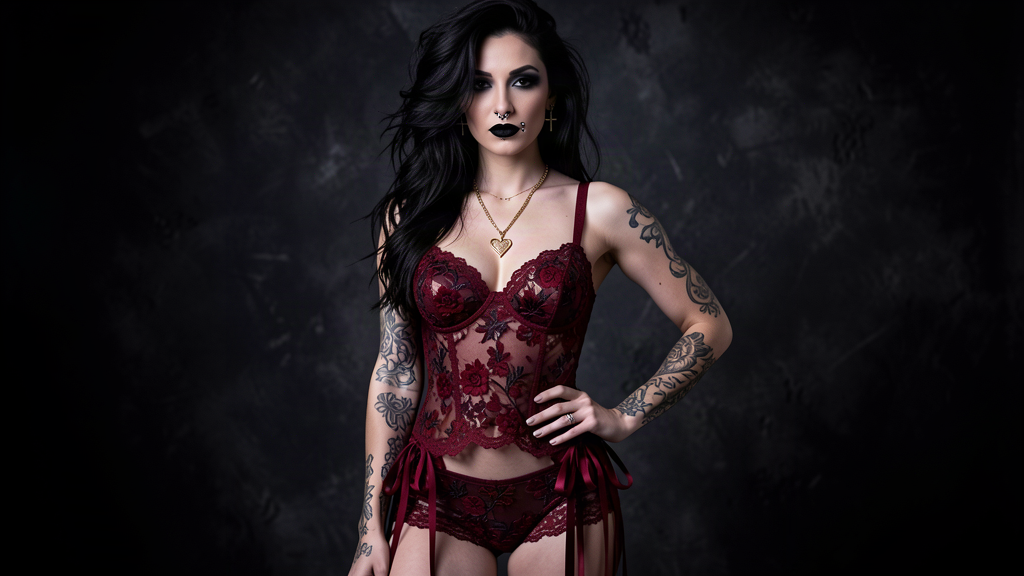 Deep red floral lace set with balconette bra and garter belt