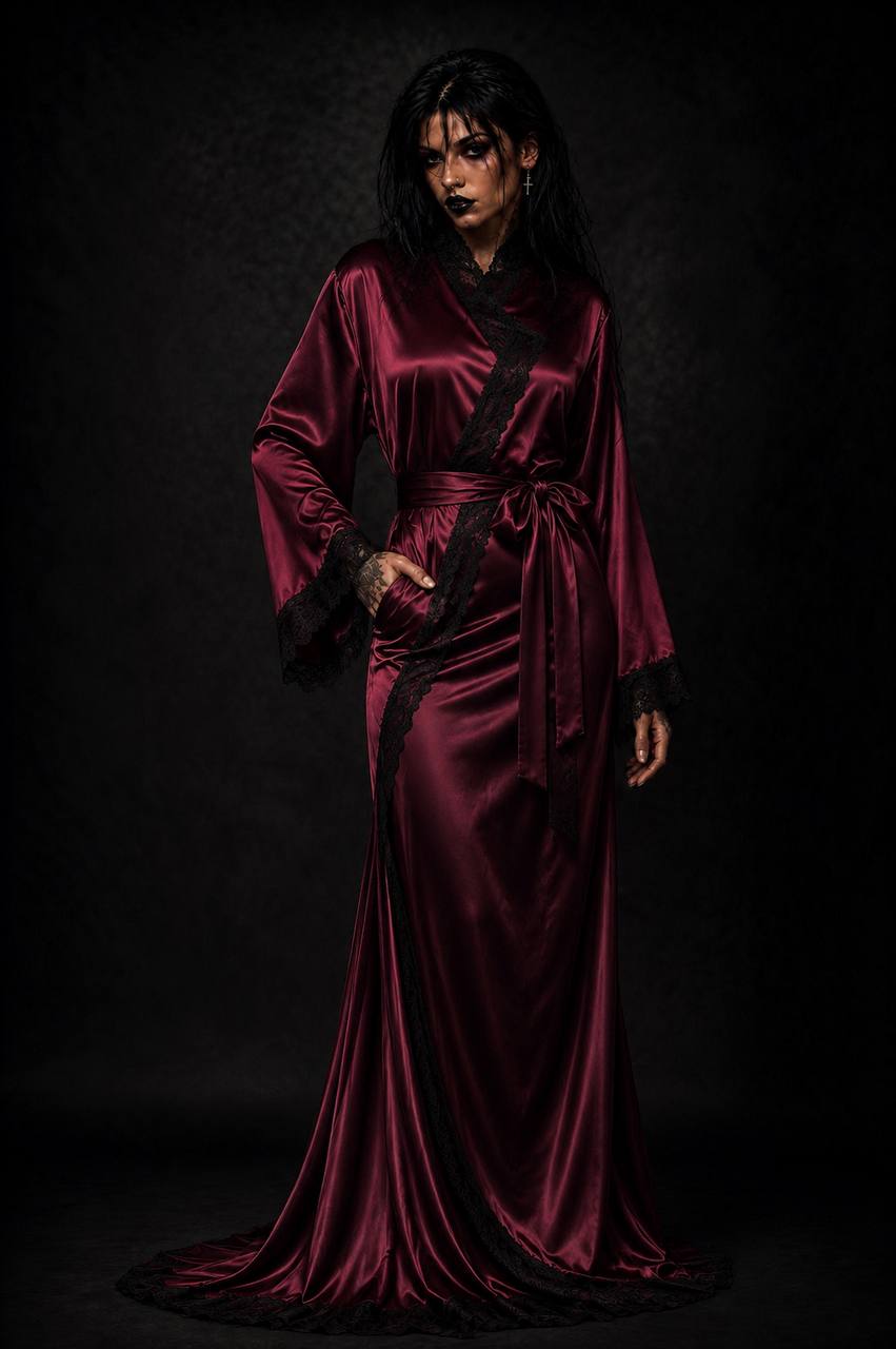 Burgundy satin robe with bell sleeves and lace trim