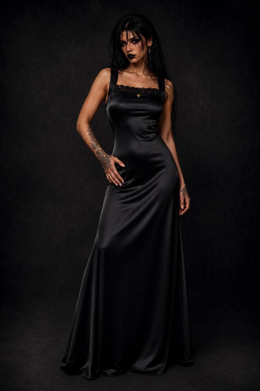 Black satin evening gown with lace neckline