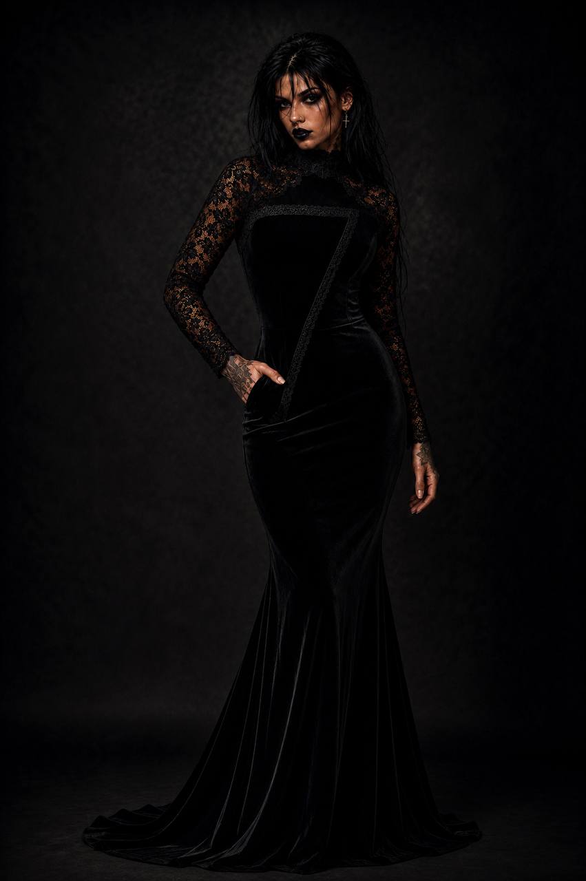 Black velvet gown with lace sleeves